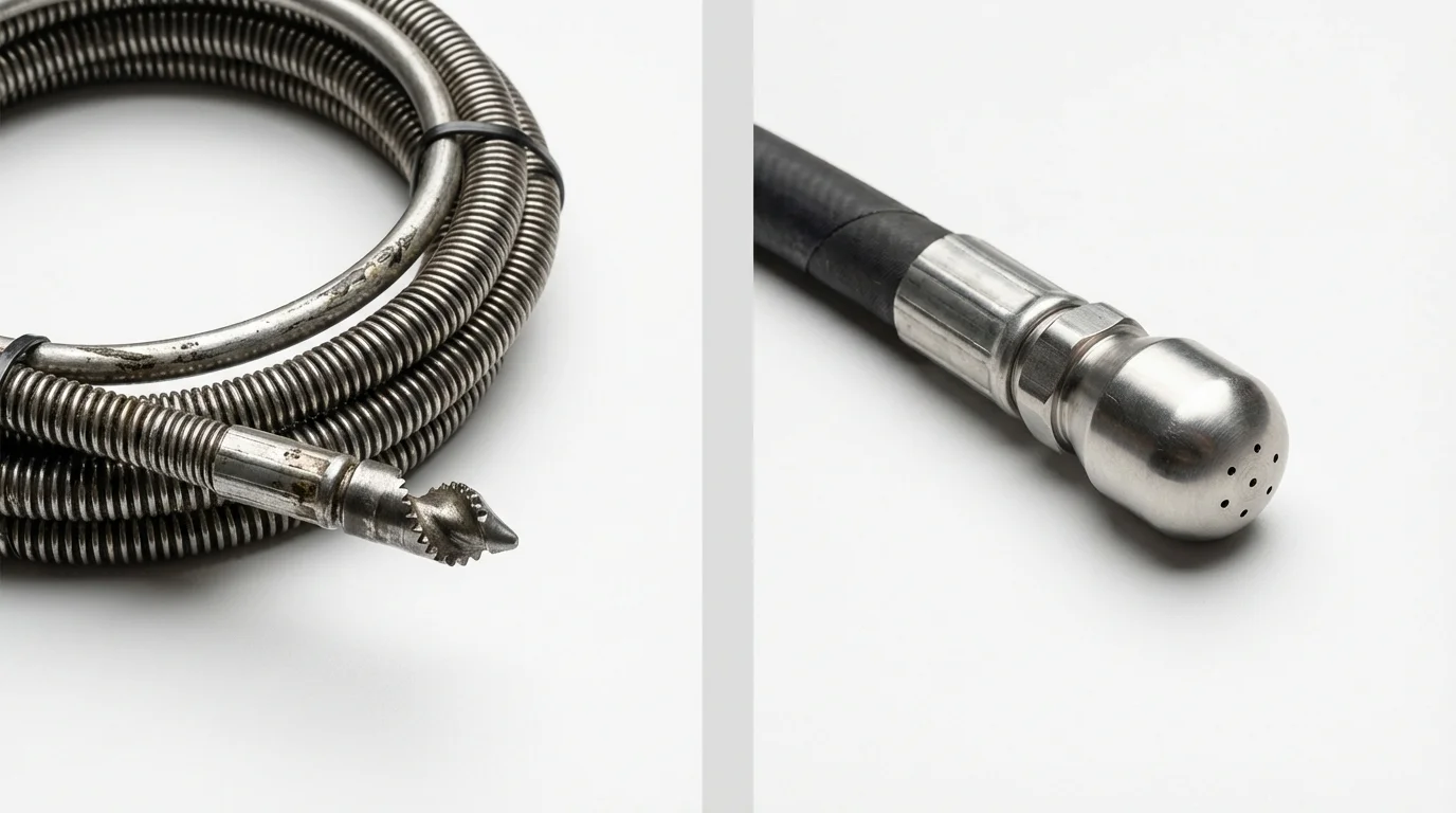 Drain snake cable and hydro jetting nozzle used for drain cleaning in Columbus, TX
