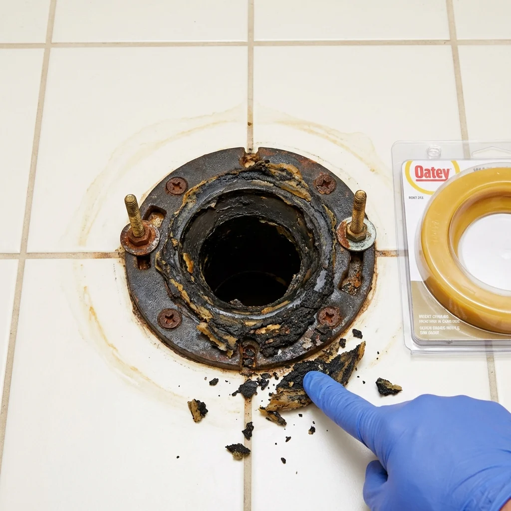 Failed wax ring showing water seepage at the base of a toilet in a Columbus, TX home