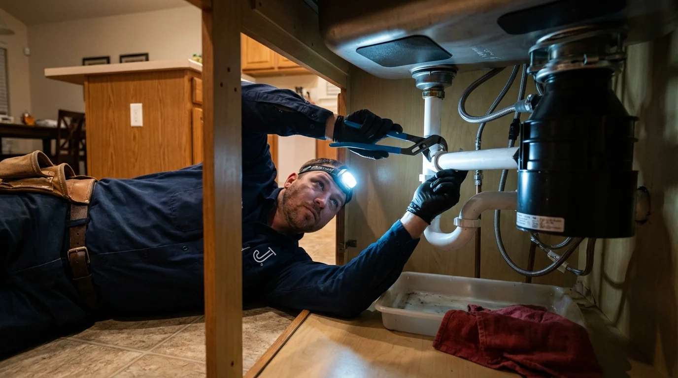 P-trap and supply line connections under a kitchen sink showing a common leak point in Columbus, TX